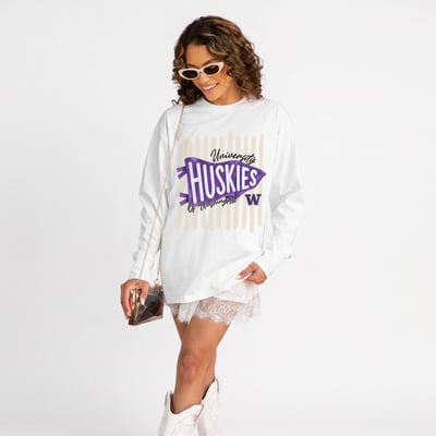 Washington Huskies Gameday Couture Women's Rally Stripe Oversized Long Sleeve T-Shirt - White