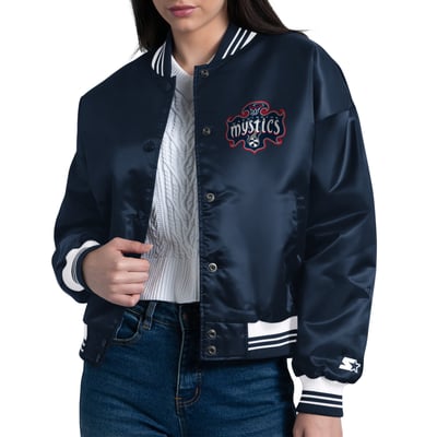 Washington Mystics Starter Women's Arch Stripe Full-Snap Satin Varsity Jacket - Navy