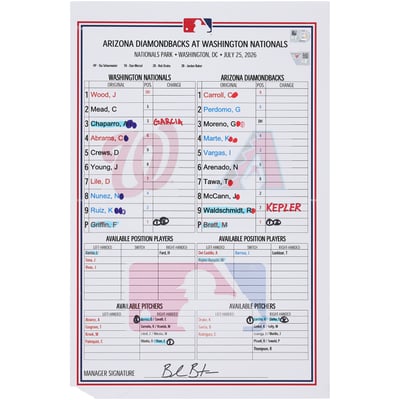  Washington Nationals Fanatics Authentic Game-Used Lineup Card vs. Arizona Diamondbacks on July 25, 2026
