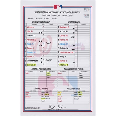  Washington Nationals Fanatics Authentic Game-Used Lineup Card vs. Atlanta Braves on August 2, 2026