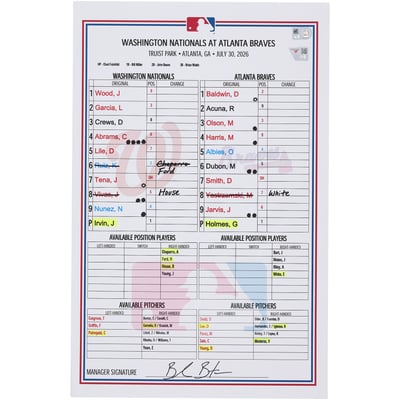  Washington Nationals Fanatics Authentic Game-Used Lineup Card vs. Atlanta Braves on July 30, 2026