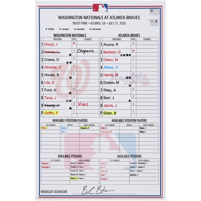 Washington Nationals Fanatics Authentic Game-Used Lineup Card vs. Atlanta Braves on July 31, 2026