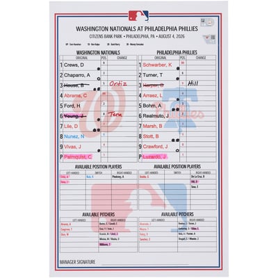  Washington Nationals Fanatics Authentic Game-Used Lineup Card vs. Philadelphia Phillies on August 4, 2026