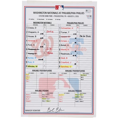  Washington Nationals Fanatics Authentic Game-Used Lineup Card vs. Philadelphia Phillies on August 6, 2026