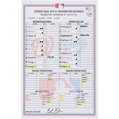  Washington Nationals Fanatics Authentic Game-Used Lineup Card vs. Toronto Blue Jays on July 28, 2026