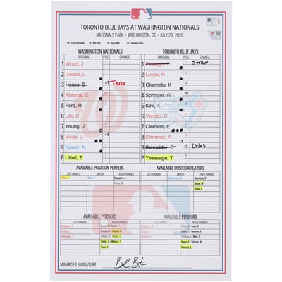  Washington Nationals Fanatics Authentic Game-Used Lineup Card vs. Toronto Blue Jays on July 29, 2026