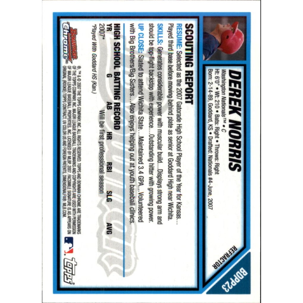 2007 Bowman Chrome Draft Draft Picks Refractors #BDPP23 Derek Norris