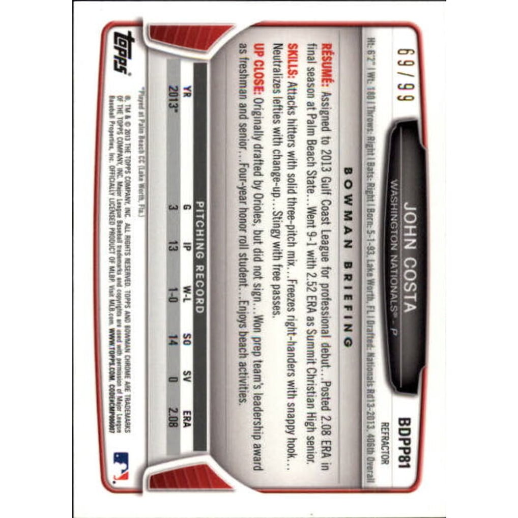 2013 Bowman Chrome Draft Draft Picks Blue Refractors #BDPP81 John Costa