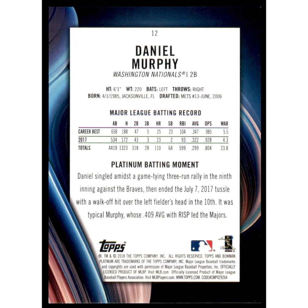 2018 Bowman Platinum Orange #12 Daniel Murphy