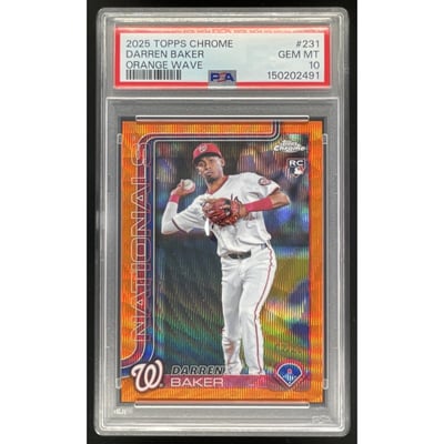 2025 Topps Chrome Orange Wave Refractor #231 Darren Baker RC /25 PSA 10