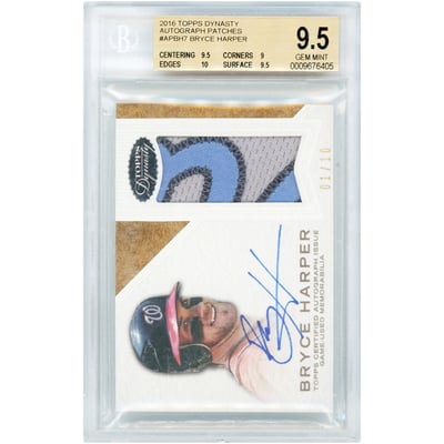 Bryce Harper Washington Nationals Autographed 2016 Topps Dynasty Game Used Tri-Color Jersey Relic #AP-BH7 #1/10 BGS Authenticated 9.5/10 Card - 9.5,9,10,9.5 Subgrades