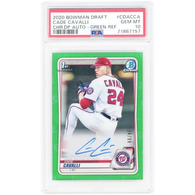 Cade Cavalli Washington Nationals Autographed 2020 Bowman Draft Chrome Green Refractor #CDA-CCA #34/99 PSA Authenticated 10 Card