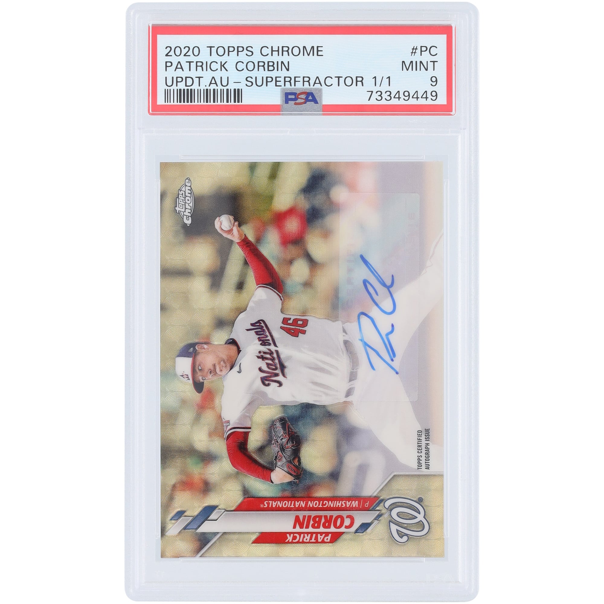 Patrick Corbin Washington Nationals Autographed 2020 Topps Chrome Update Superfractor #USA-PC #1/1 PSA Authenticated Mint 9 Card