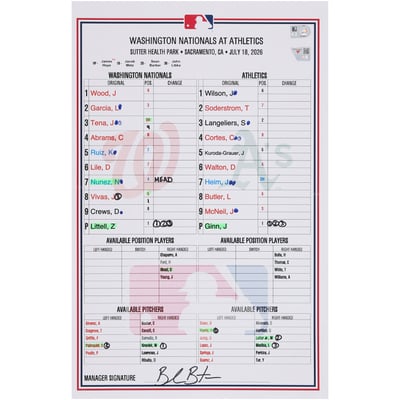 Washington Nationals Fanatics Authentic Game-Used Lineup Card vs. Athletics on July 18, 2026