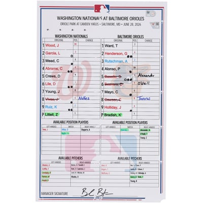 Washington Nationals Fanatics Authentic Game-Used Lineup Card vs. Baltimore Orioles on June 28, 2026