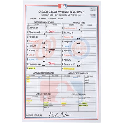 Washington Nationals Fanatics Authentic Game-Used Lineup Card vs. Chicago Cubs on August 11, 2026