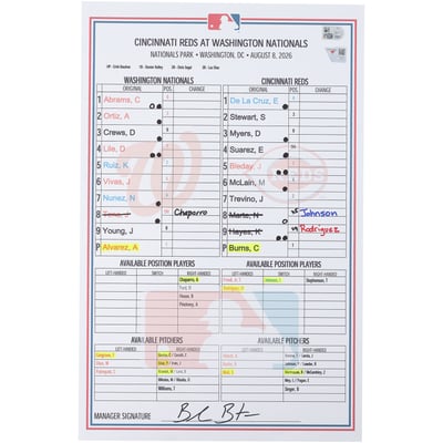 Washington Nationals Fanatics Authentic Game-Used Lineup Card vs. Cincinnati Reds on August 8, 2026