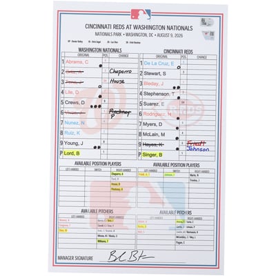 Washington Nationals Fanatics Authentic Game-Used Lineup Card vs. Cincinnati Reds on August 9, 2026