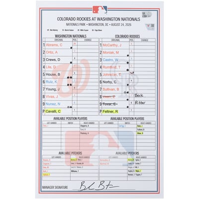 Washington Nationals Fanatics Authentic Game-Used Lineup Card vs. Colorado Rockies on August 24, 2026
