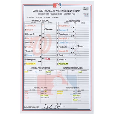 Washington Nationals Fanatics Authentic Game-Used Lineup Card vs. Colorado Rockies on August 25, 2026