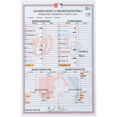 Washington Nationals Fanatics Authentic Game-Used Lineup Card vs. Colorado Rockies on August 27, 2026