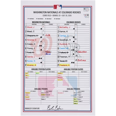Washington Nationals Fanatics Authentic Game-Used Lineup Card vs. Colorado Rockies on July 20, 2026