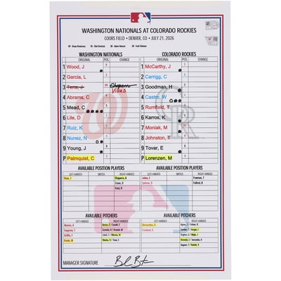 Washington Nationals Fanatics Authentic Game-Used Lineup Card vs. Colorado Rockies on July 21, 2026
