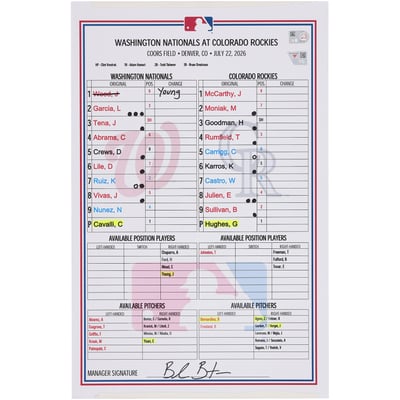 Washington Nationals Fanatics Authentic Game-Used Lineup Card vs. Colorado Rockies on July 22, 2026