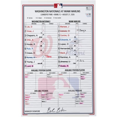 Washington Nationals Fanatics Authentic Game-Used Lineup Card vs. Miami Marlins on August 21, 2026