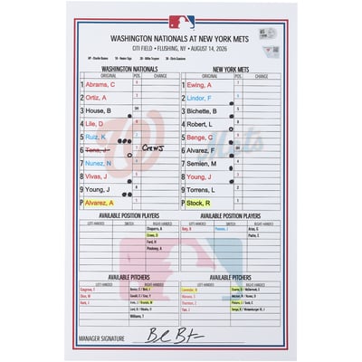 Washington Nationals Fanatics Authentic Game-Used Lineup Card vs. New York Mets on August 14, 2026