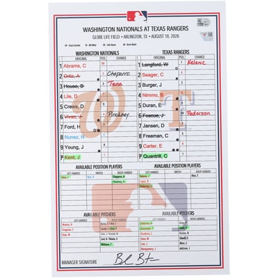 Washington Nationals Fanatics Authentic Game-Used Lineup Card vs. Texas Rangers on August 18, 2026