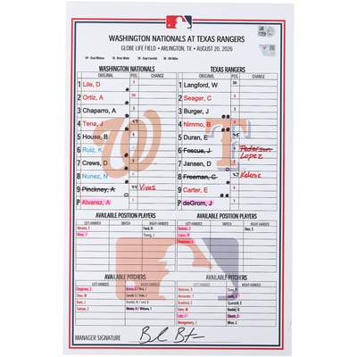 Washington Nationals Fanatics Authentic Game-Used Lineup Card vs. Texas Rangers on August 20, 2026