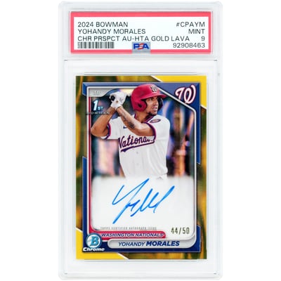 Yohandy Morales Washington Nationals Autographed 2024 Bowman Chrome Prospect Gold Lava Refractor #CPA-YM #44/50 PSA Authenticated 9 Card