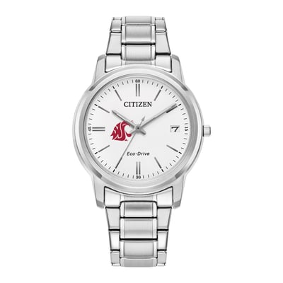 Washington State Cougars Citizen Watch Women's Eco-Drive White Dial Stainless Steel Watch - Silver