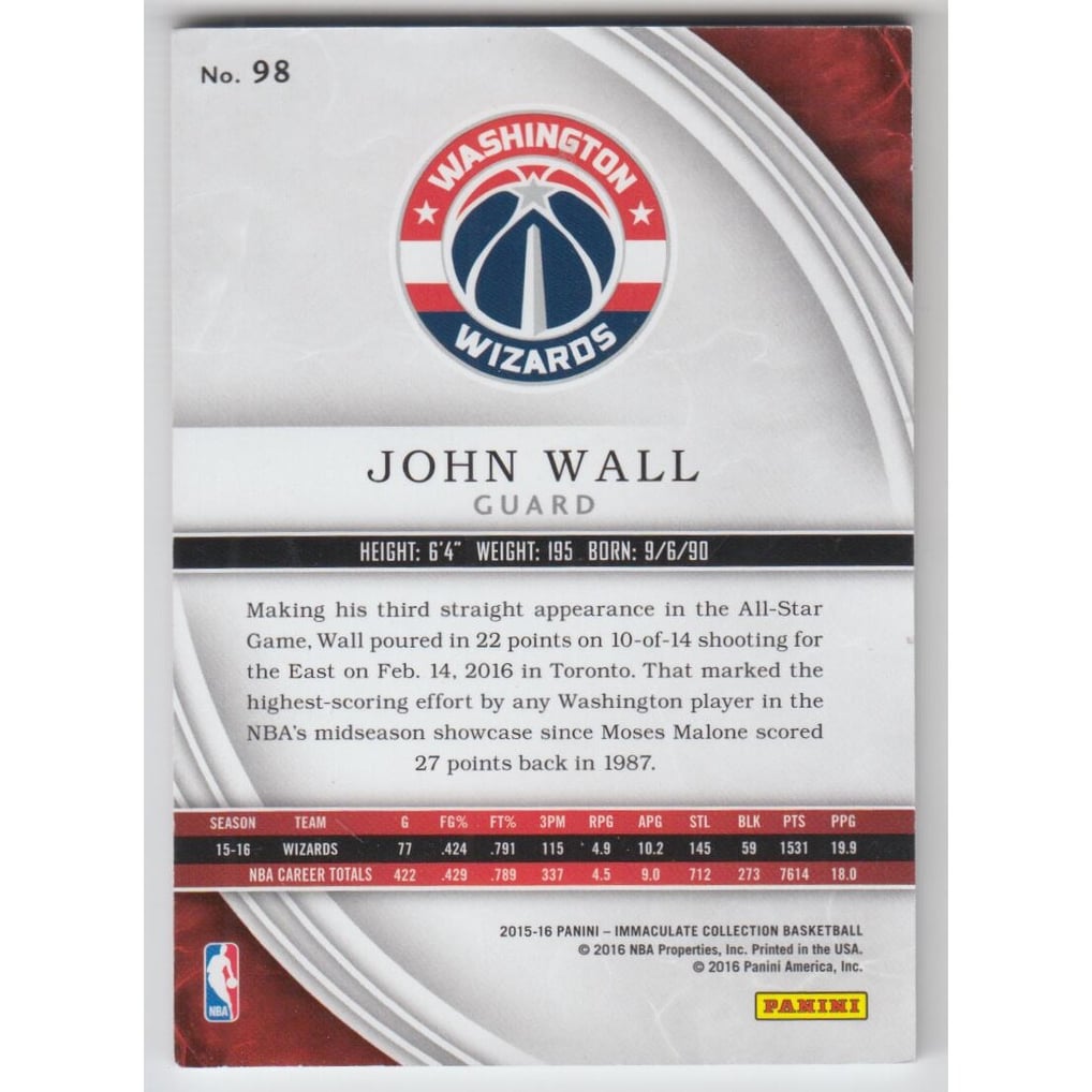 2015-16 Immaculate Collection Bronze #98 John Wall