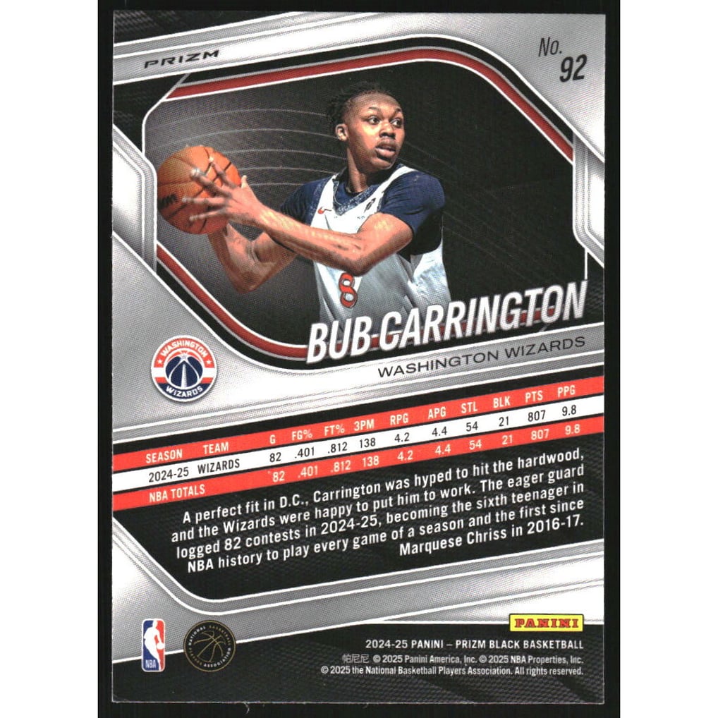 2024-25 Panini Prizm Black Prizms Ruby Wave #92 Bub Carrington