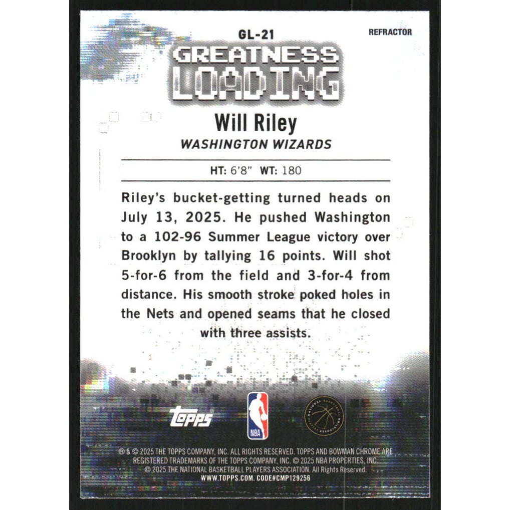 2025-26 Bowman Chrome Greatness Loading Refractors #GL21 Will Riley