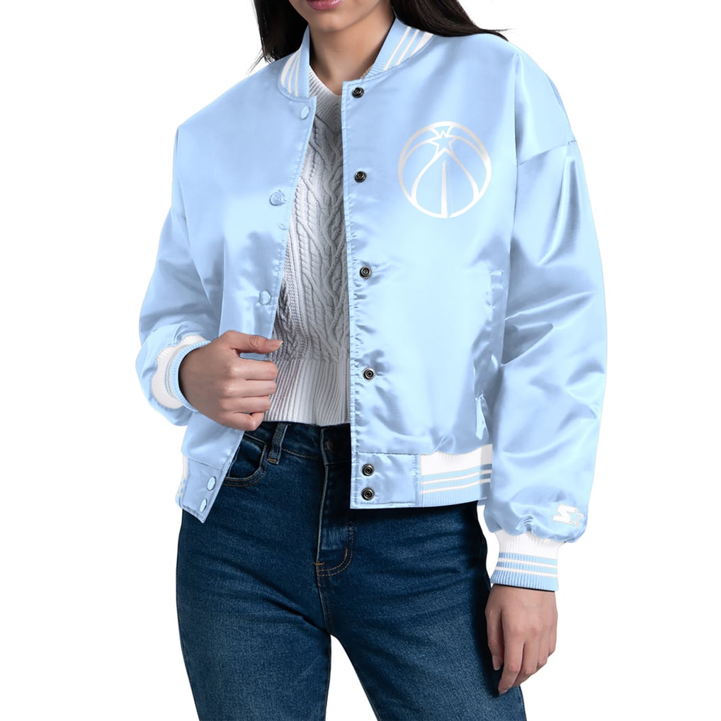 Washington Wizards Starter Women's Printed Script Cropped Satin Varsity Full-Snap Jacket - Light Blue