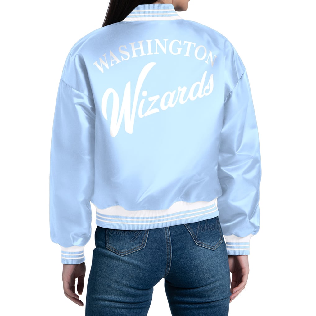 Washington Wizards Starter Women's Printed Script Cropped Satin Varsity Full-Snap Jacket - Light Blue