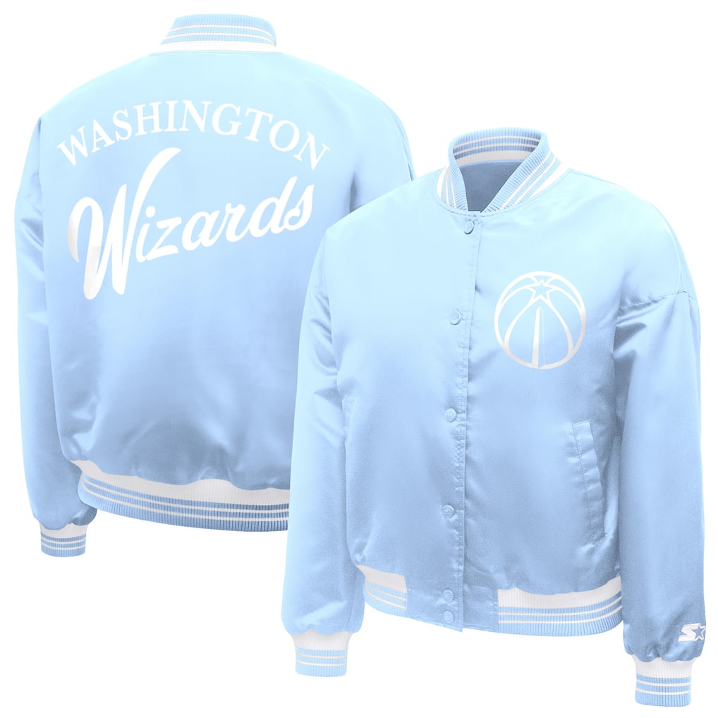 Washington Wizards Starter Women's Printed Script Cropped Satin Varsity Full-Snap Jacket - Light Blue