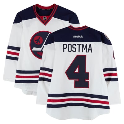 Paul Postma Winnipeg Jets Fanatics Authentic Practice-Used #4 White Reebok Jersey vs. Edmonton Oilers on October 23, 2016 - NHL Heritage Classic - Worn During Warm-Ups