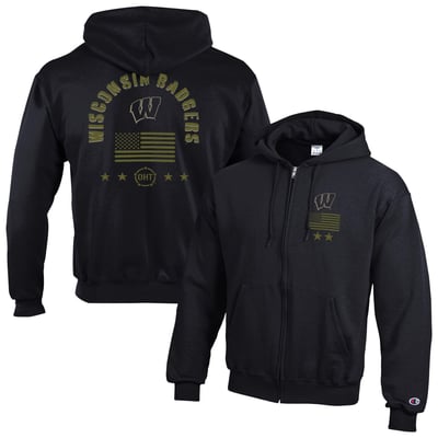  Wisconsin Badgers Champion Operation Hat Trick Flag Powerblend Fleece Full-Zip Hoodie - Black