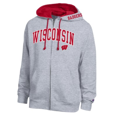 Wisconsin Badgers Champion Arch Logo Full-Zip Fleece Hoodie - Heather Gray