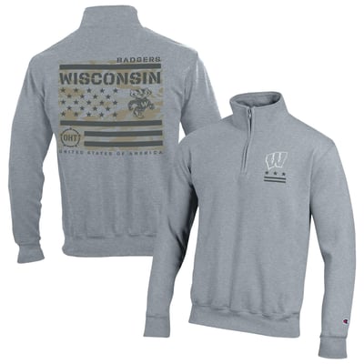  Wisconsin Badgers Champion Operation Hat Trick Flag Powerblend Fleece Quarter-Zip Pullover - Heather Gray