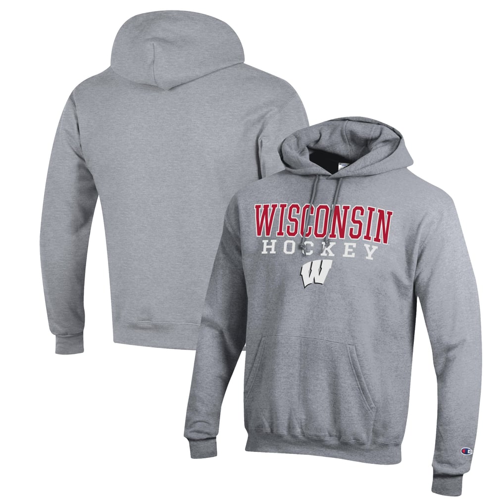 Wisconsin Badgers Champion Stack Logo Hockey Powerblend Pullover Hoodie - Heather Gray
