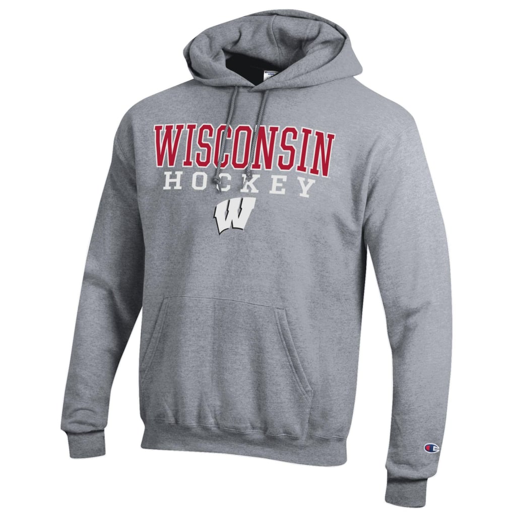 Wisconsin Badgers Champion Stack Logo Hockey Powerblend Pullover Hoodie - Heather Gray