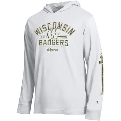  Wisconsin Badgers Champion Operation Hat Trick Sleeve Line Hooded Long Sleeve T-Shirt - White