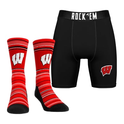  Wisconsin Badgers Rock Em Primary Crew Socks & Boxer Briefs Combo Pack
