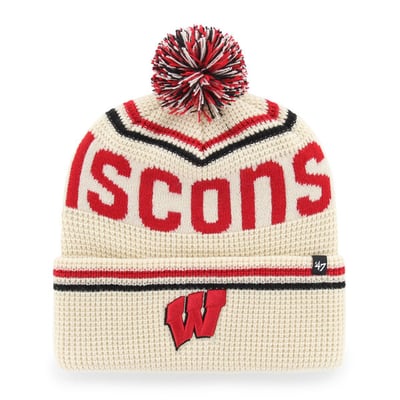  Wisconsin Badgers '47 Unisex Quattrle Waffle Cuffed Knit Hat with Pom - Cream