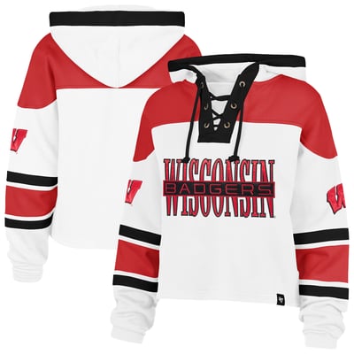  Wisconsin Badgers '47 Women's Cut Thru Cropped Superior Lacer Pullover Hoodie - White